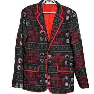 Holiday Time Mens Black Red Green Merry Christmas Ya Filthy Animal Blazar w/ Tie